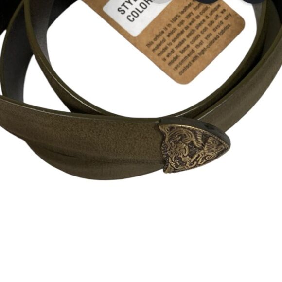 Genicci Olive Leather Belt Western Boho Texas Buckle Rustic Cottagecore XS–S - Picture 6 of 10